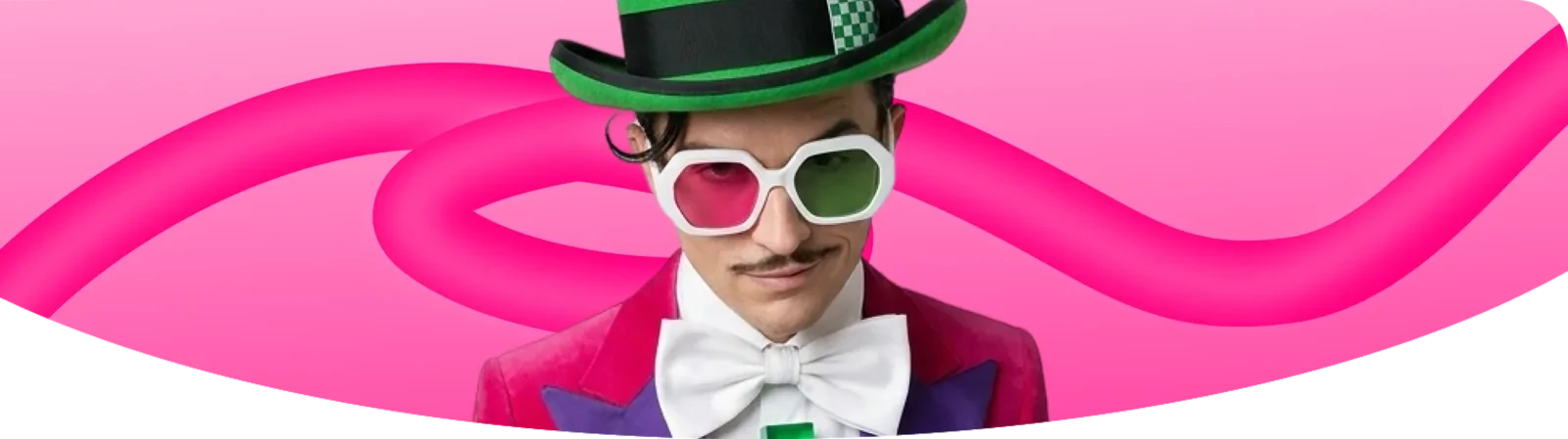 WINJOY banner: a man in a green hat and white sunglasses on a pink background