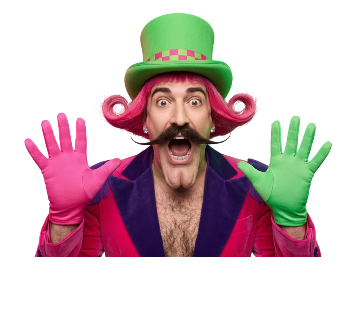Mr. WinJoy in a green top hat, pink jacket and green glove