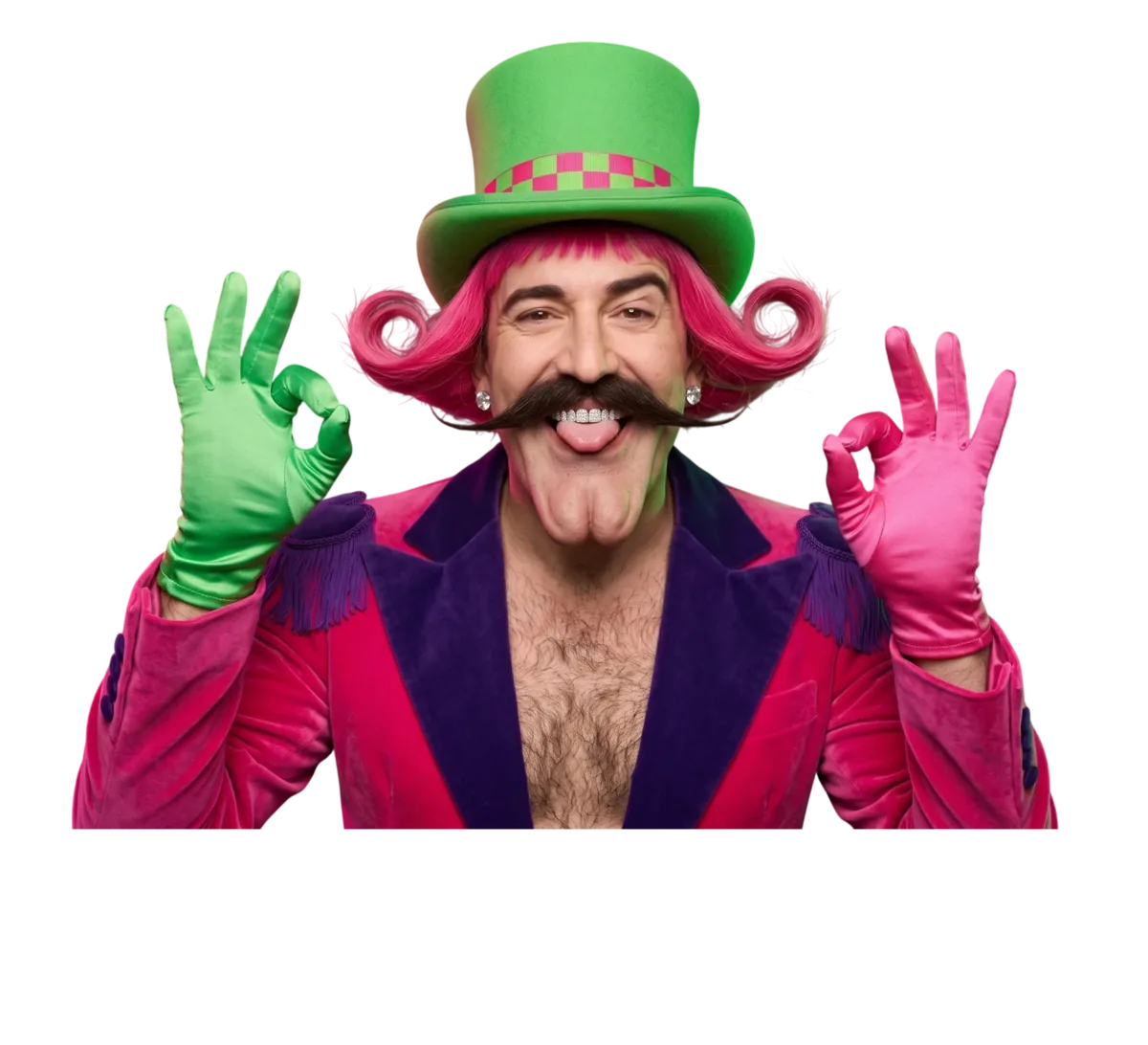 Mr. WinJoy in a green top hat, pink jacket and green glove