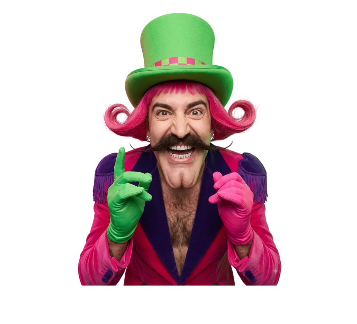 Mr. WinJoy in a green top hat, pink jacket and green glove