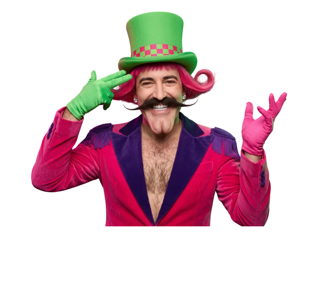 Mr. WinJoy smiling with one hand beside his green top hat
