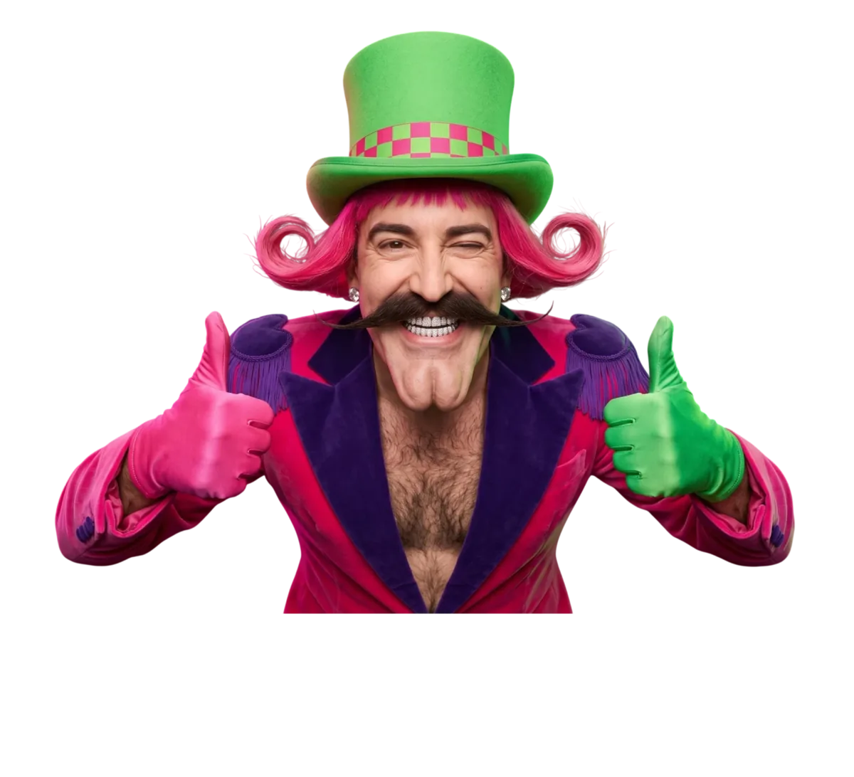 Mr. WinJoy in a green top hat, pink jacket and green glove