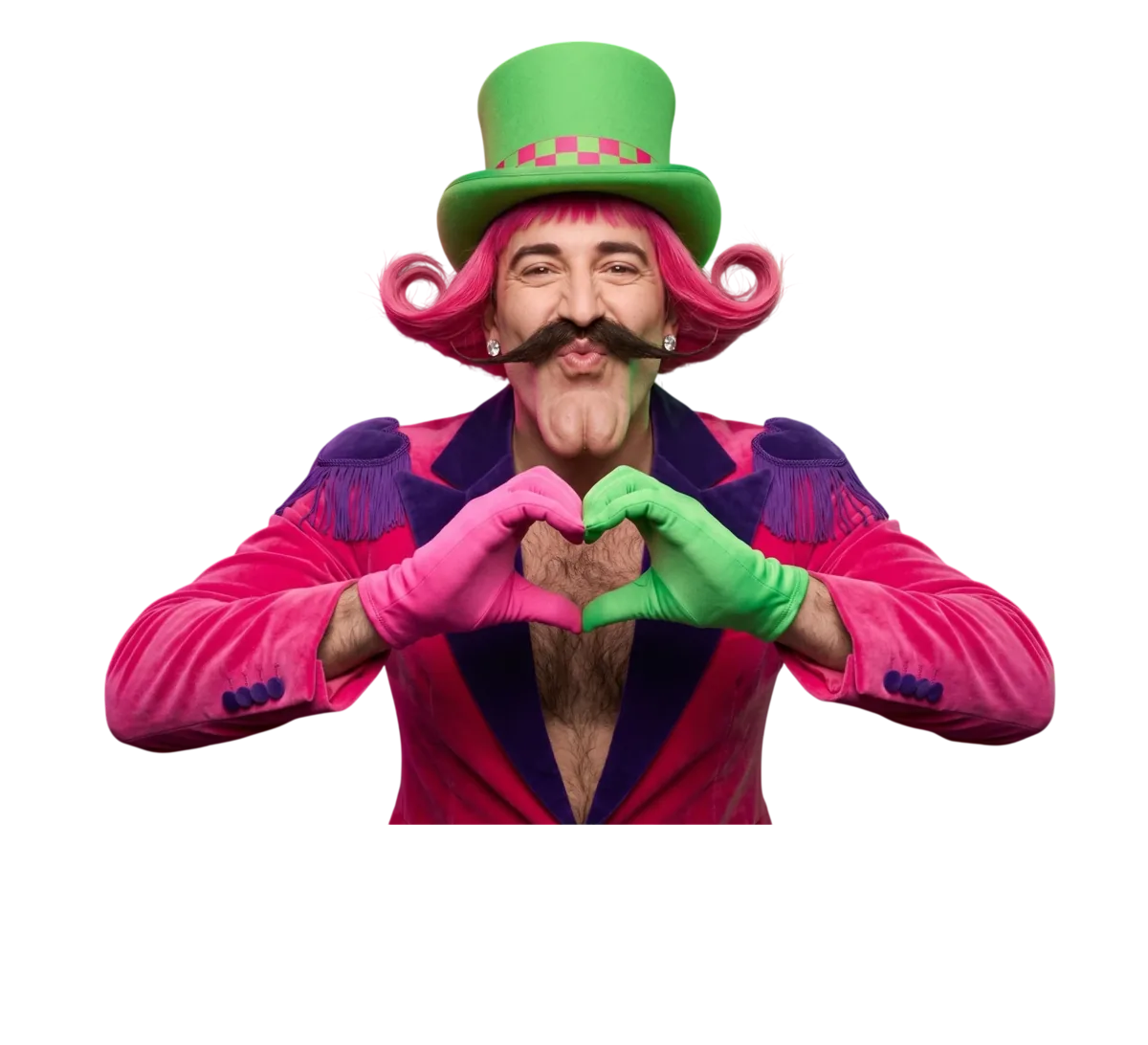 Mr. WinJoy in a green top hat, pink jacket and green glove