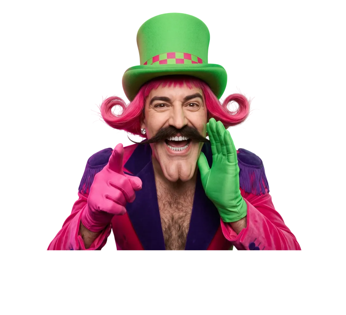 Mr. WinJoy in a green top hat, pink jacket and green glove
