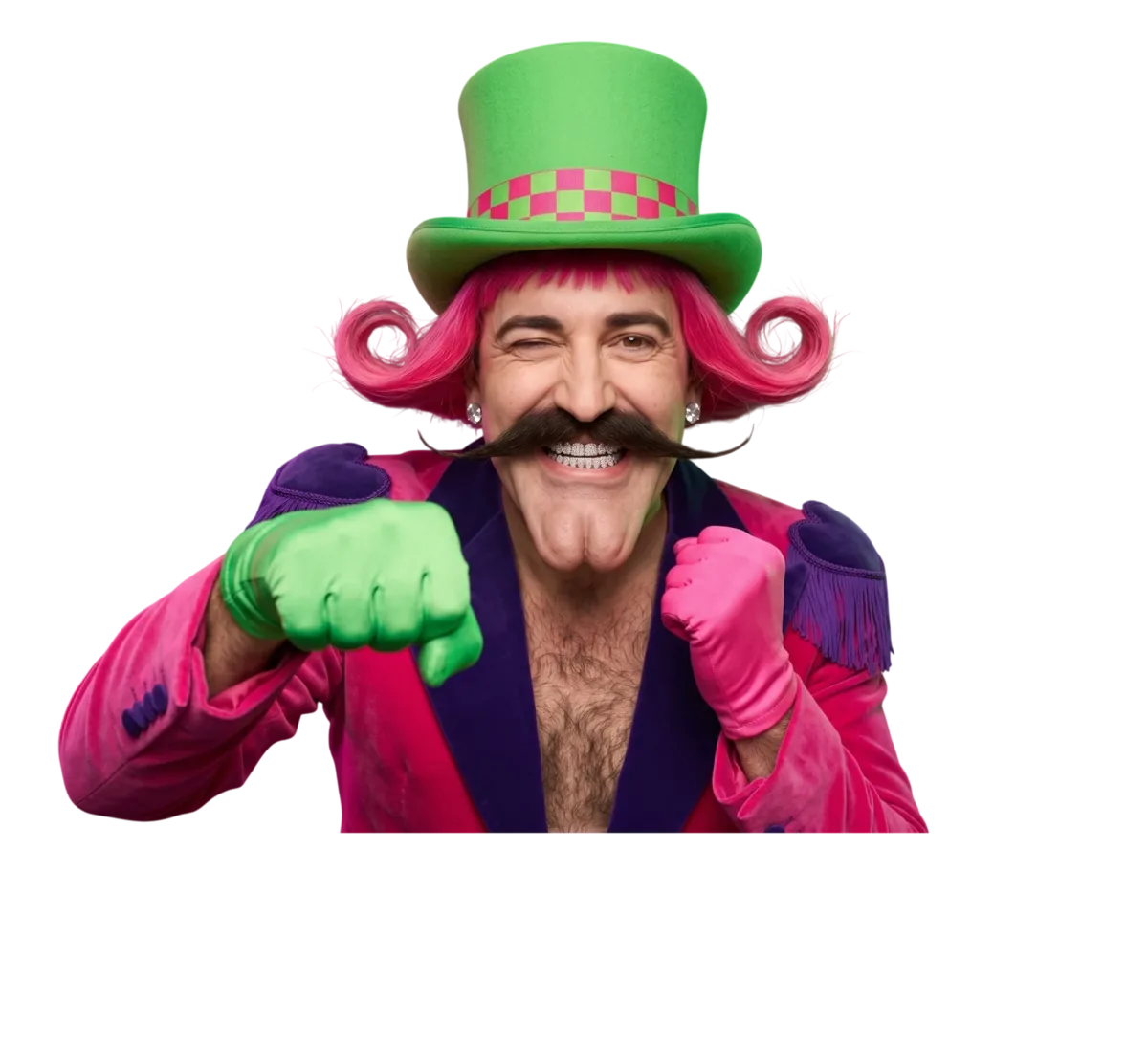 Mr. WinJoy in a green top hat, pink jacket and green glove