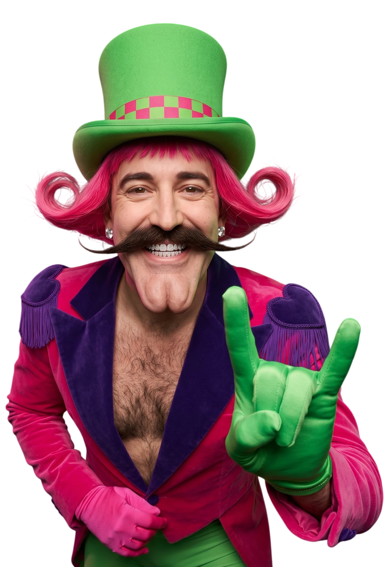 Mr. WinJoy in a green top hat, pink jacket and green glove
