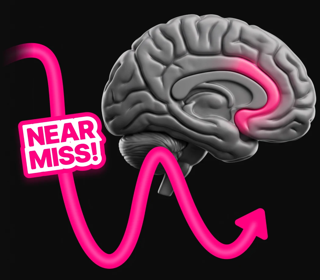 Brain illustration with a pink highlighted region and a near-miss arrow